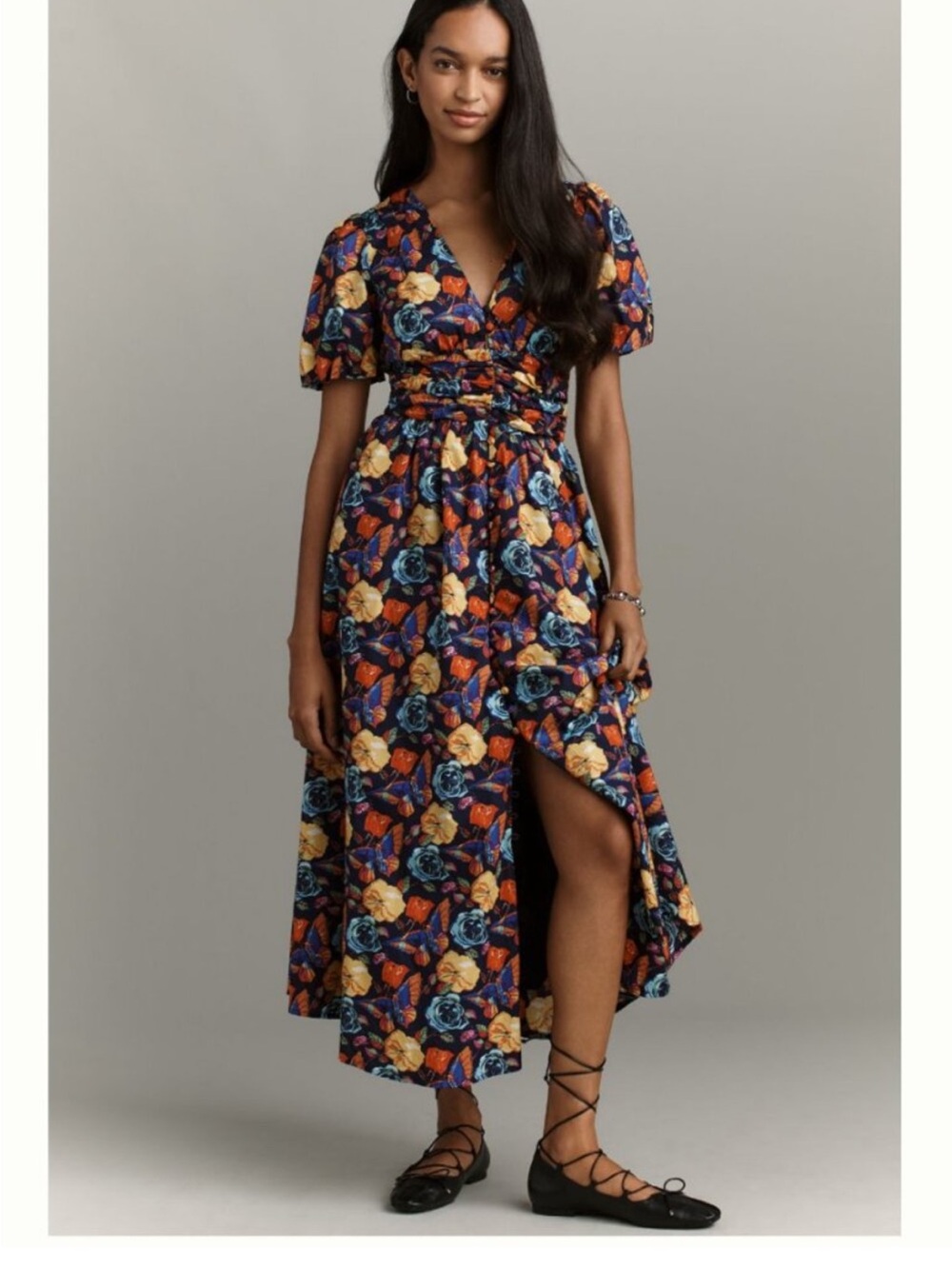 Anthropologie Navy Floral Rose Print Katerina Button-Front Dress
